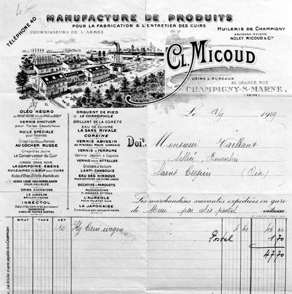 Papier à lettre de la manufacture de produits pour la fabrication et l'entretien des cuirs Cl. Micoud, installée 49 Grande-Rue. Une perspective aérienne représente l'usine.