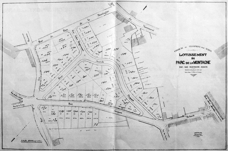 Publicité pour le lotissement du Parc de la Montagne (à l'emplacement de l'ancien théâtre de Nature), recto comprenant le plan du lotissement.