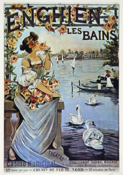 Affiche publicitaire pour la ville d'Enghien-les-Bains éditée par les Chemins de fer du Nord : au premier plan, allégorie féminine évoquant le jardin des roses de la ville.