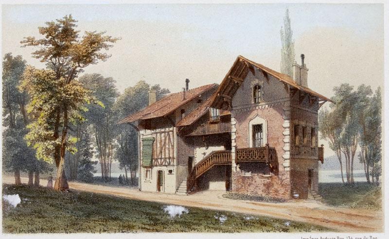 Détail de la planche de quatre maisons de villégiature. Vue de la maison en perspective depuis la rue.