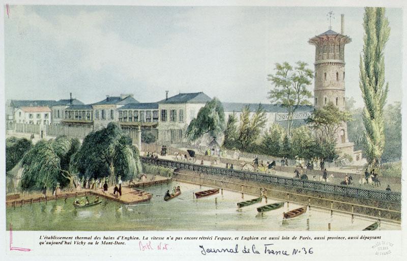 Vue d'ensemble de l'établissement depuis le lac avec le réservoir de 1864.