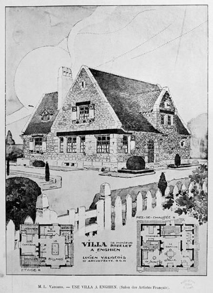Plans du rez-de-chaussée et du premier étage, élévation en perspective d'une maison à caractère breton en 1927.