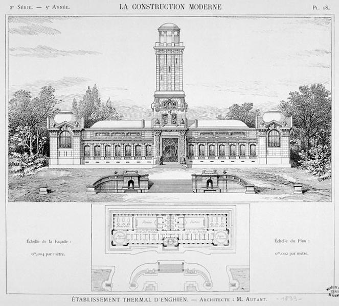 Plan et élévation de la façade antérieure du bâtiment d'hydrothérapie.