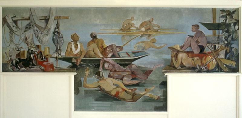 Décor du réfectoire : toile marouflée peinte par Jacques Despierre, 1955, 'Les plaisirs de l'eau' évoquant la pêche, le canotage et la natation.