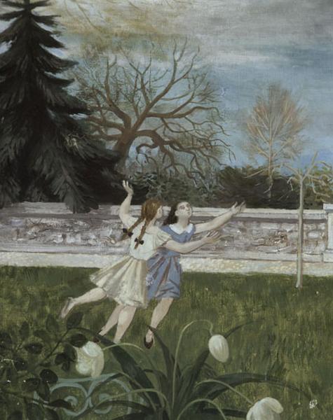 Décor du réfectoire : toile marouflée peinte en 1955, 'Jeux d'enfants'. Détail de deux fillettes.