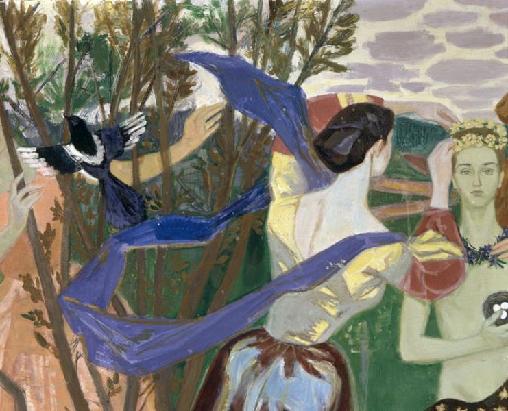 Décor du réfectoire : toile marouflée peinte en 1955, 'Le couronnement du printemps'. Détail de l'envol de la pie et de la femme à l'étole bleue.