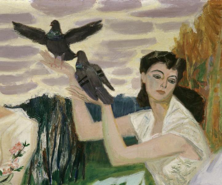 Décor du réfectoire : toile marouflée peinte en 1955, Le couronnement du printemps. Détail de la femme aux pigeons.