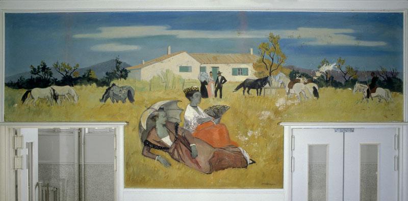 Décor du réfectoire : toile marouflée peinte en 1955, ' Dimanche en Camargue'.