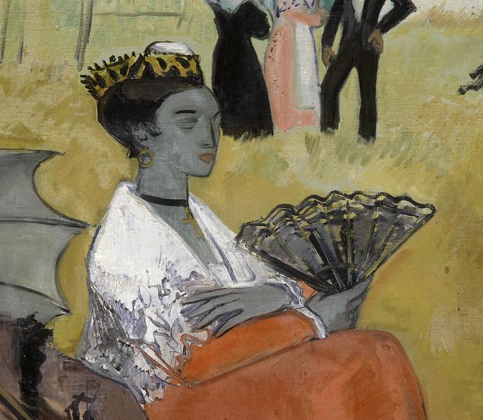 Décor du réfectoire : toile marouflée peinte en 1955, 'Dimanche en Camargue'. Détail de l'arlésienne à l'éventail.