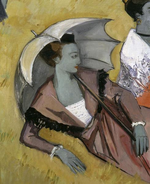 Décor du réfectoire : toile marouflée peinte en 1955, 'Dimanche en Camargue'. Détail de la femme à l'ombrelle.