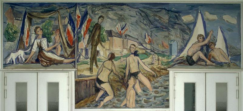 Décor du réfectoire : toile marouflée peinte en 1955, 'Paysage de fantaisie avec personnage au bord de l'eau', célébration de la fête nationale et baignade au bord d'un lac.