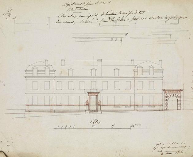 « Elévation principale de la maison dite des Carmes, destinée à former un palais de justice et cazerne de gendarmerie ».