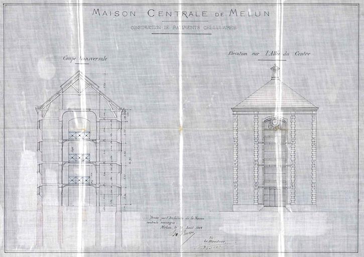 Projet de construction du quartier cellulaire, par Bulot (architecte de la maison centrale) : coupe transversale et élévation sur l'allée du Centre.