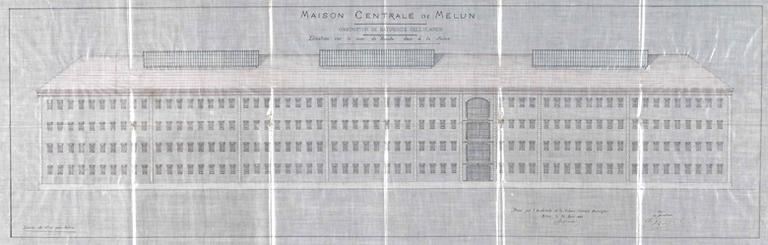 Projet de construction du quartier cellulaire, par Bulot (architecte de la maison centrale) : élévation sur le mur de ronde, face à la Seine.