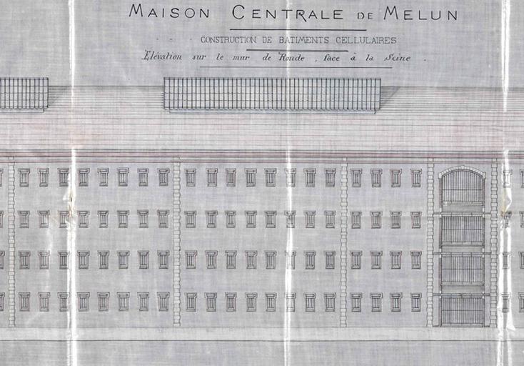 Projet de construction du quartier cellulaire, par Bulot (architecte de la maison centrale) : détail de l'élévation vers la Seine.