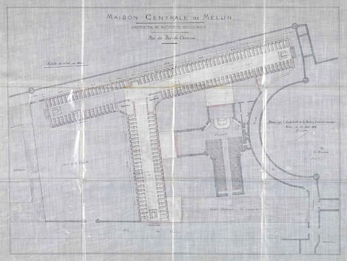 Projet de construction du quartier cellulaire, par Bulot (architecte de la maison centrale) : plan du rez-de-chaussée.