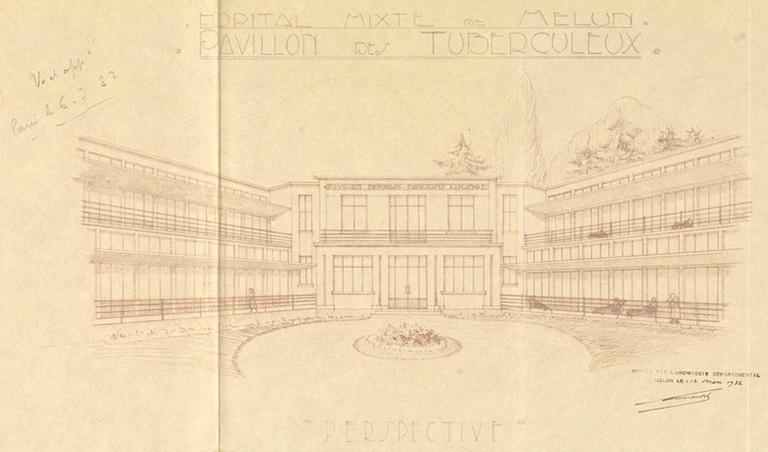 Projet de construction du sanatorium, par l'architecte Richardot : vue perspective.