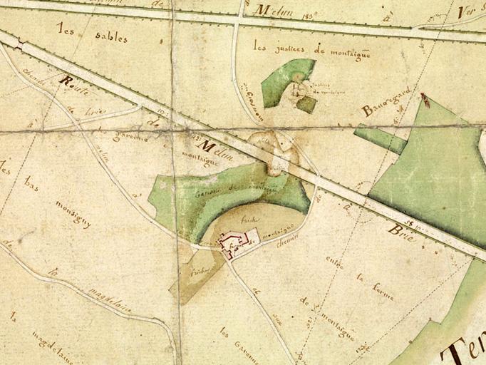 Plan d'intendance, 1787 : détail du plateau de Montaigu, avec la ferme et la 'justice' de Montaigu.