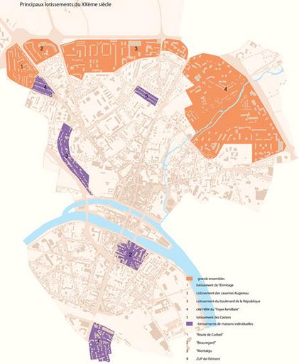 Localisation des principales opérations de lotissement du XXe siècle étudiées dans le cadre de l'inventaire de Melun.