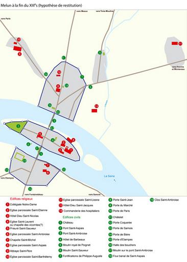 Melun à la fin du XIIIe siècle (hypothèse de restitution).