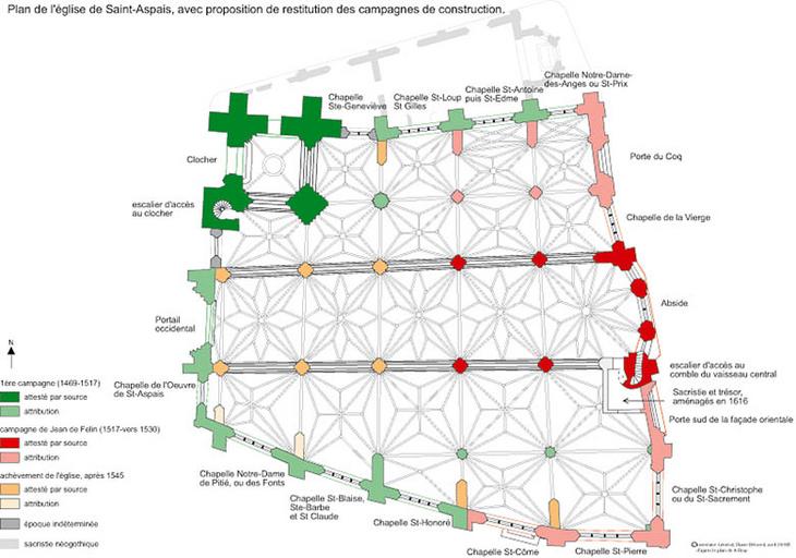 Plan de l'église Saint-Aspais, avec proposition de restitution des campagnes de construction.