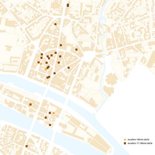 Carte des escaliers anciens (16e-18e siècles) repérés au cours de l'inventaire.