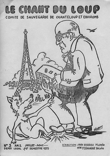 Couverture du n° 3 de juillet/août 1975 du Chant du Loup, journal du comité de sauvegarde de Chanteloup et environs, comportant une caricature d'Aillaud, représenté avec un de ses immeubles sous le bras, se débattant avec un loup.
