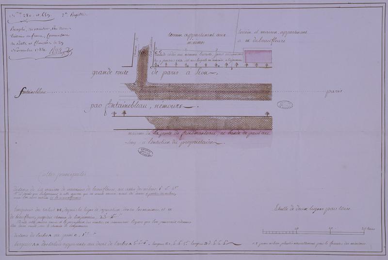 Vue cavalière de la route de Fontainebleau (R.N.7) à la hauteur du carrefour de la rue de l'Observatoire, 2è moitié du XVIIIe siècle.