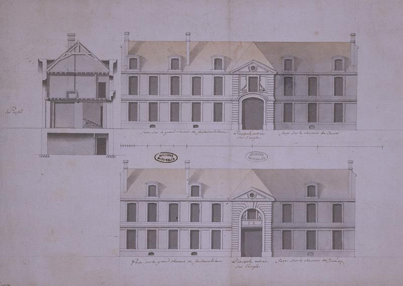 Projets pour l'hôtellerie de Fromenteau : élévations, coupe transversale, 1729 (A.N. N III Seine-et-Oise 358).