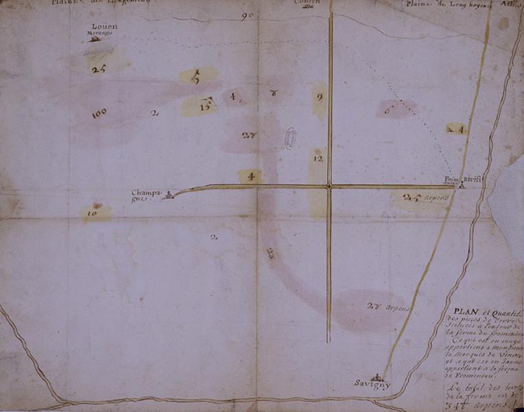 Plan et quantités des terres situées à l'entour de la ferme de Fromenteau, 1729.