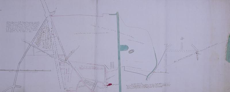 Plan à la plume accompagnant la transaction du 13 avril 1782, signée par MM. du Séminaire d'Orléans et le seigneur de Savigny-sur-Orge (A.N. S 6 999).