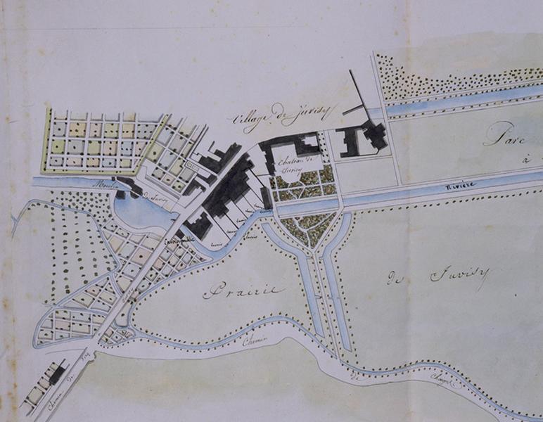 Plan aquarellé accompagnant le projet de construction d'un moulin sur l'Orge, 1825 : détail du château, du parc et du village.