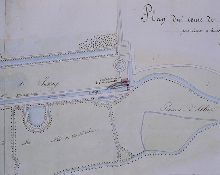 Plan aquarellé accompagnant le projet de construction d'un moulin sur l'Orge, 1825 : détail du moulin projeté et du parc.