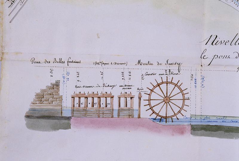 Plan aquarellé accompagnant le projet de construction d'un moulin sur l'Orge, 1825 : détail du bief et de la roue du moulin de Juvisy.