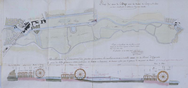 Plan aquarellé accompagnant le projet de construction d'un moulin sur l'Orge, 1825.