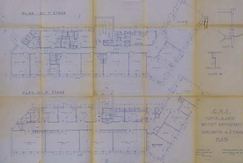 Plans accompagnant les projets de surélévation de deux étages de l'aile administrative, 1960.
