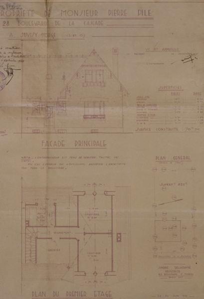 Plan général, plan de l'étage de comble, élévation de la façade principale de la maison de Pierre Pile.