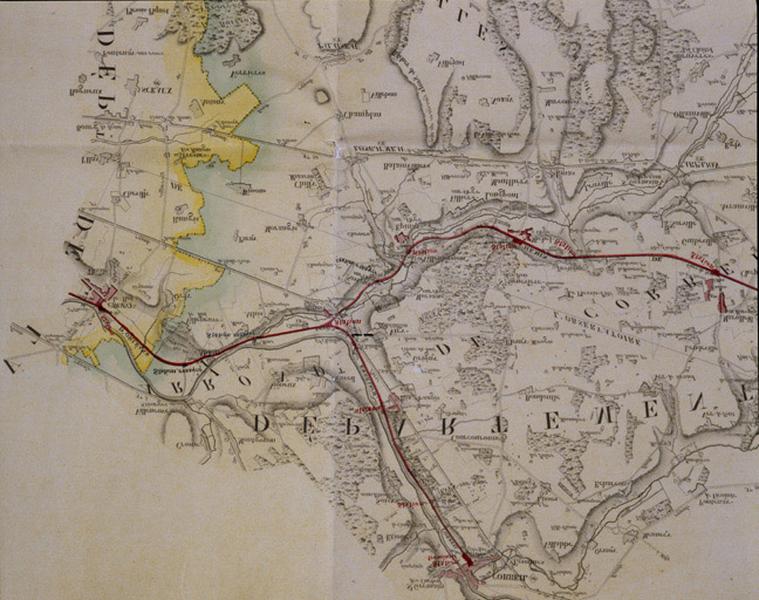 Le réseau du P.O. : Ligne de chemin de fer de Paris à Orléans : projet de tracé (se divisant à Juvisy vers Corbeil et vers Orléans par la vallée de l'Orge et de la Juine), portant les stations intermédiaires prévues, 1843.