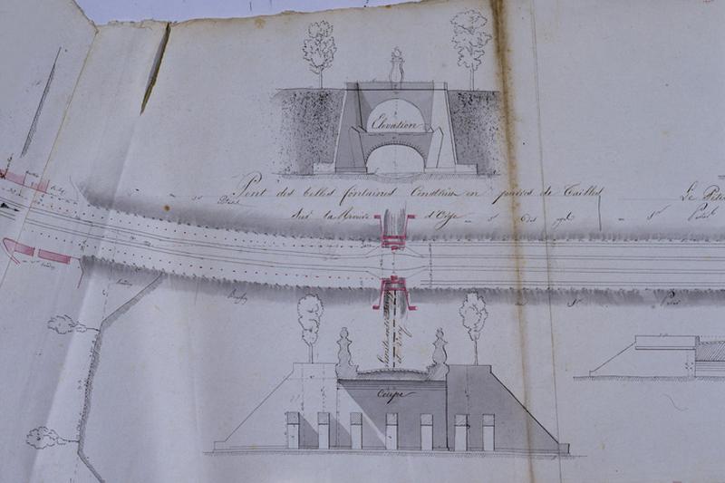 Plan général de la route royale n°7 de Paris à Antibes par Fontainebleau, vers 1847 : détail du pont des Belles fontaines.