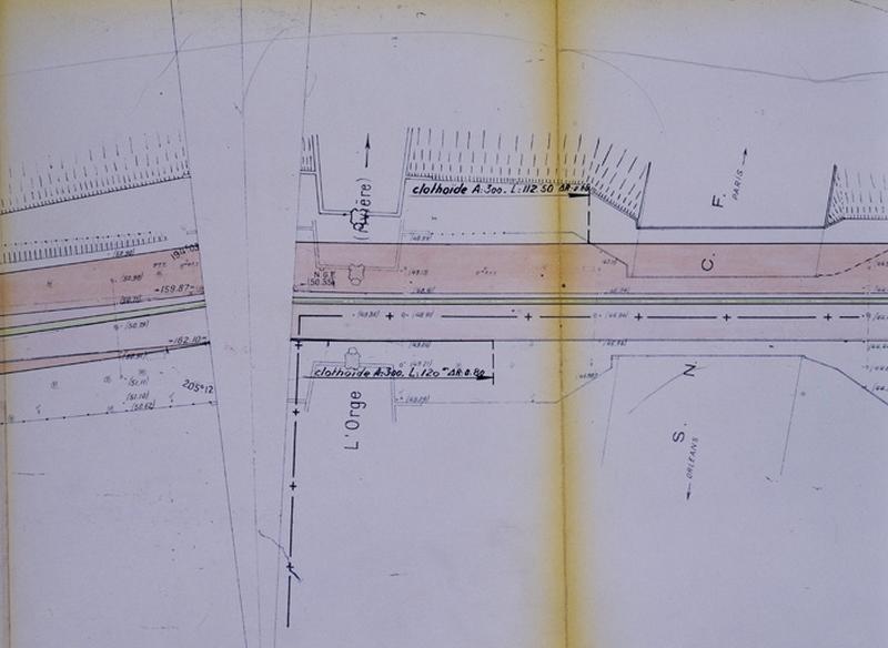 Plan d'élargissement de la R.N.7 dans sa traversée de Juvisy au niveau du Pont des Belles fontaines, 1954.