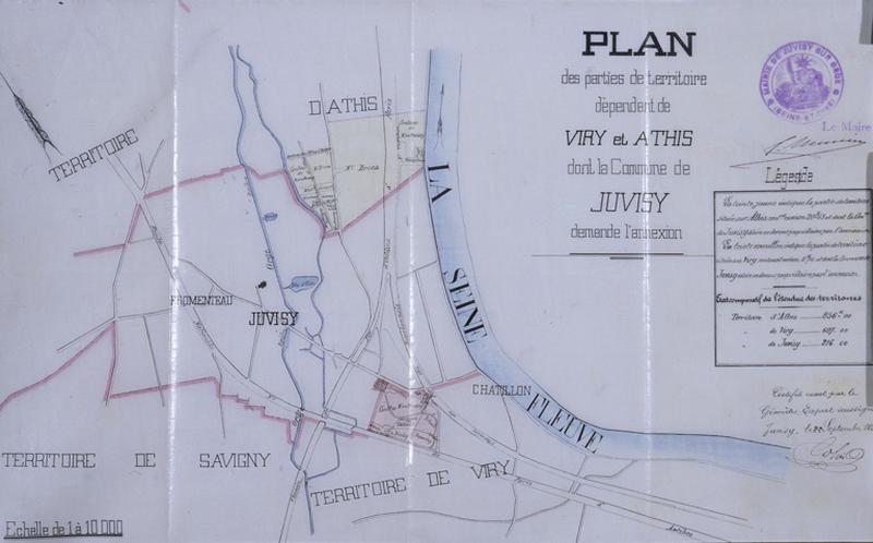 Plan indiquant les terrains dépendant de Viry-Châtillon et d'Athis-Mons que Juvisy souhaite annexer à son territoire, 1849.