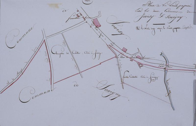 Plan indiquant les terrains dépendant de Savigny-sur-Orge que Juvisy souhaitre annexer à son territoire, 1849.