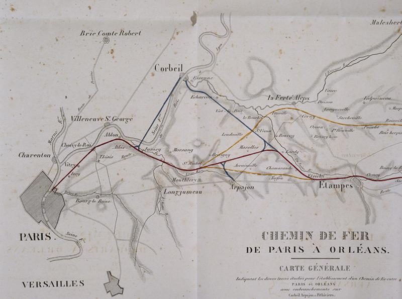 Le réseau du P.O. : ligne de chemin de fer de Paris à Orléans : projet de tracé (se divisant à Juvisy vers Corbeil et vers Orléans par la vallée de l'Orge et de la Juine), 1843.