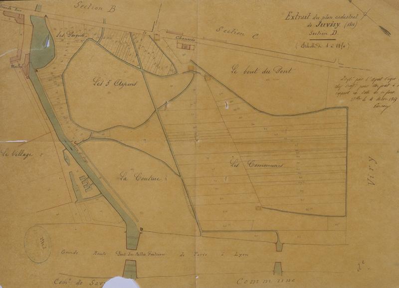 Plan des terrains bordant l'Orge et la R.N.7 que Juvisy souhaite annexer aux dépens des communes de Viry-Châtillon et de Savigny-sur-Orge, vers 1850.