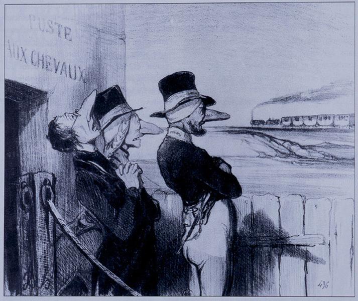 Dessin de Honoré Daumier stigmatisant la ruine des entreprises de poste aux chevaux causée par le succès des transports en chemin de fer, vers 1845 (Coll. part.).