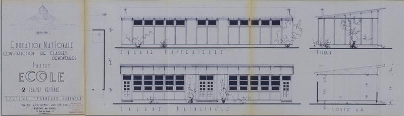 Plan et élévation de bâtiments préfabriqués prévus dans l'attente de constructions en dur.