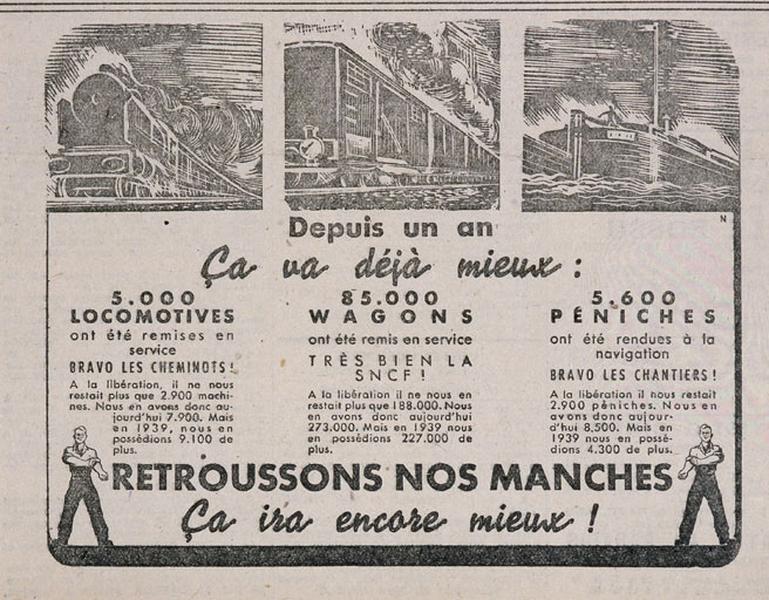 Encart publicitaire en faveur de l'effort de la reconstruction nationale, publié dans 'Le Républicain' du 12 octobre 1945, au verso de l'édition de Corbeil.