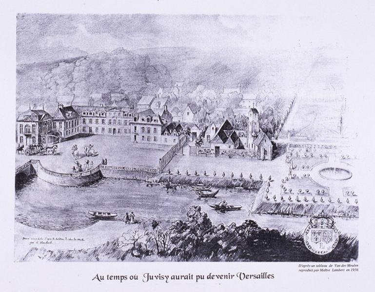 Reproduction d'un tableau de Pierre-Denis Martin représentant le château et le village de Juvisy au temps de Louis XIV, - tableau aujourd'hui disparu -, dont une reproduction est conservée au Centre de documentation du Musée du Louvre.