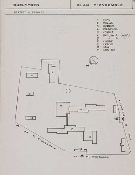 Plan d'ensemble de l'hôpital Dupuytren (rue Pierre-Brosolette) réuni à l'hôpital Joffre en 1967.