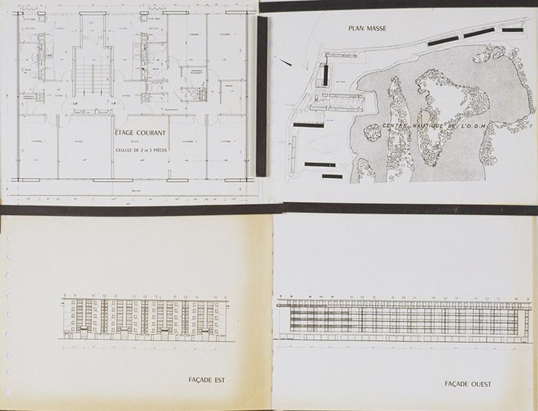 Plan masse, plan d'un appartement de 2 et 5 pièces (étage courant), plans des façades est et ouest. S. d. [13 juillet 1961].